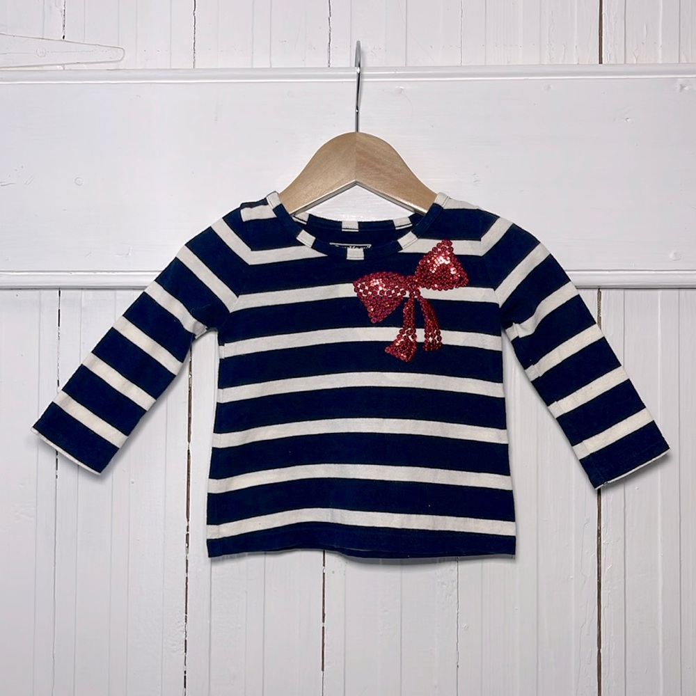 EUC 100% Cotton Black White Striped Red Sequin Bow Long Sleeve Shirt
